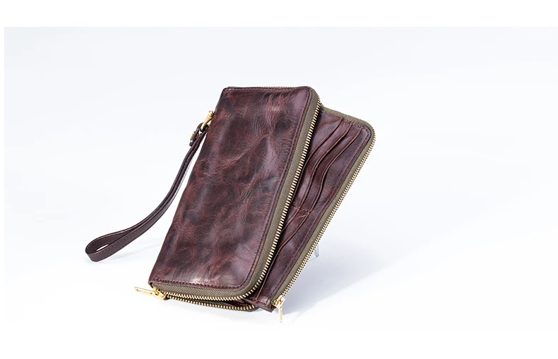High Quality Vintage Real Cowhide Men Wallet Cash Purse Zipper Modern Stylish Male Long Day Clutches Wristlets Wallet Card Case