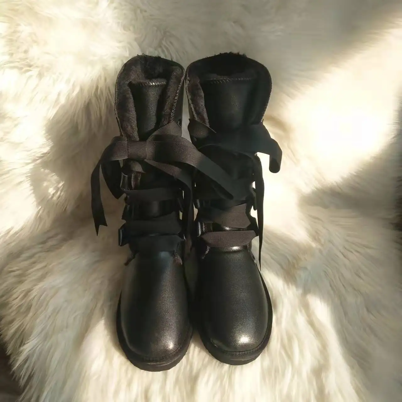 

Black Waterproof High Boots Lace UP Woman Winter Snow Boots Women's Shoes Thick Plush Genuine Leather Winter Women's Snow Boots