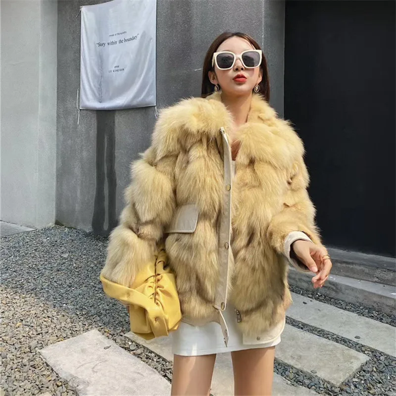 

new style women real fur coat natural fur jacket female winter warm sheepskin pocket fox fur coat high quality