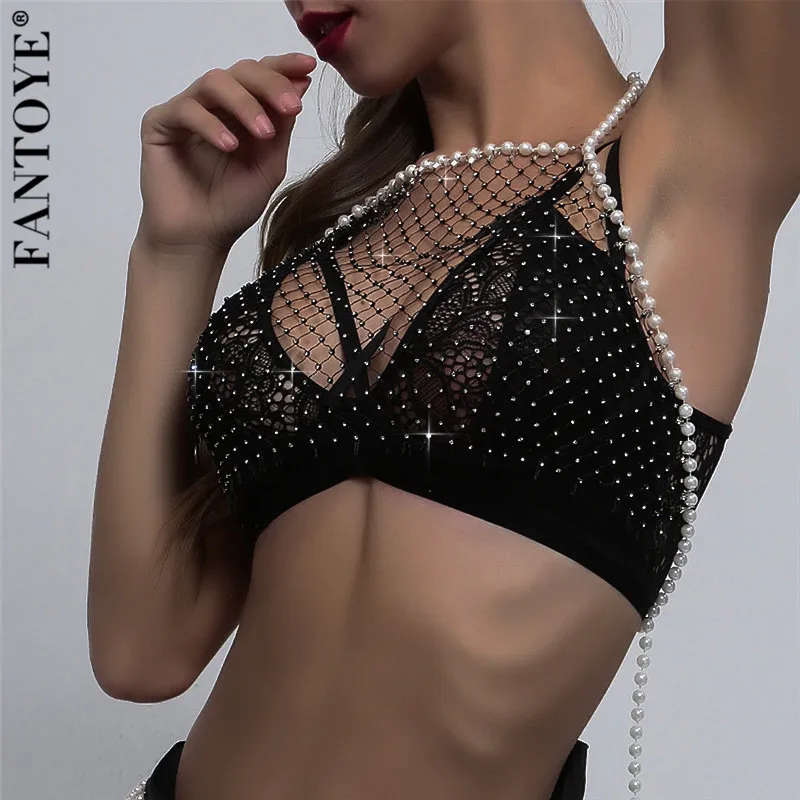 Женский топ в сеточку FANTOYE с блестящим бриллиантовым жемчугом открытой спиной на