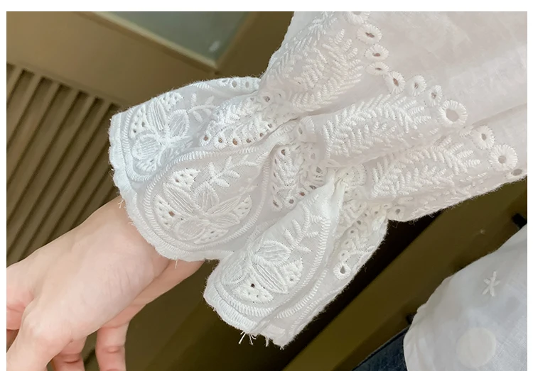 

2020 Autumn Elegant V-neck embroidery shirt Hollow out Women blouse White Flare sleeve lace Tops Blusa