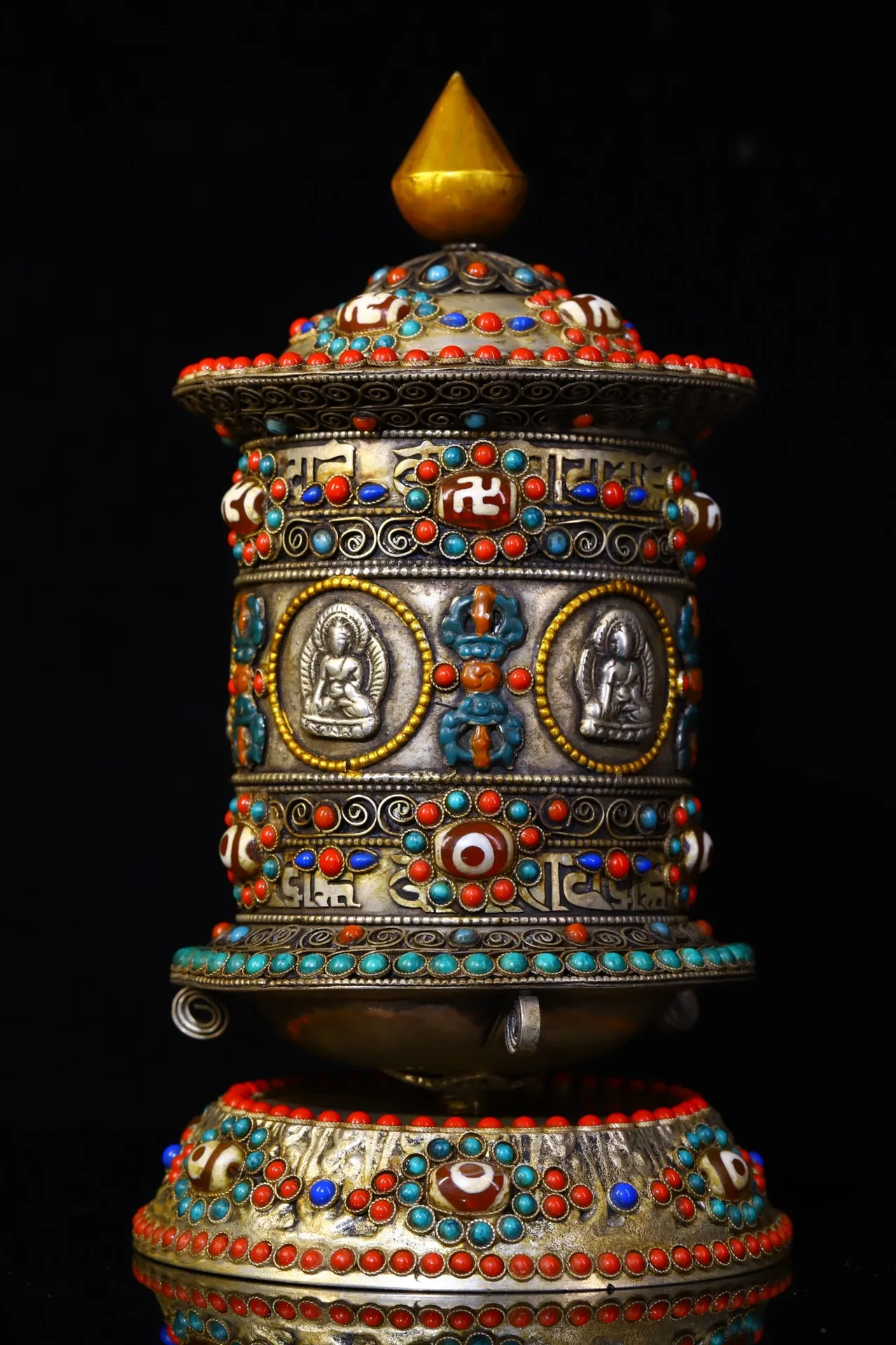 

7"Tibet Temple Collection Old Bronze mosaic Gem gZi Beads Buddha Prayer Wheel scripture Amulet Dharma worship hall Town House