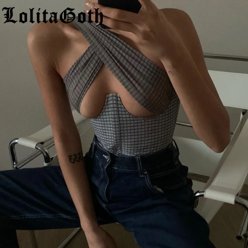

Lolita Goth Sexy Plaid Cross Halter Crop Tops Women Sexy Backless Hollow Out Tube Tank Top Summer 2021 Streetwear