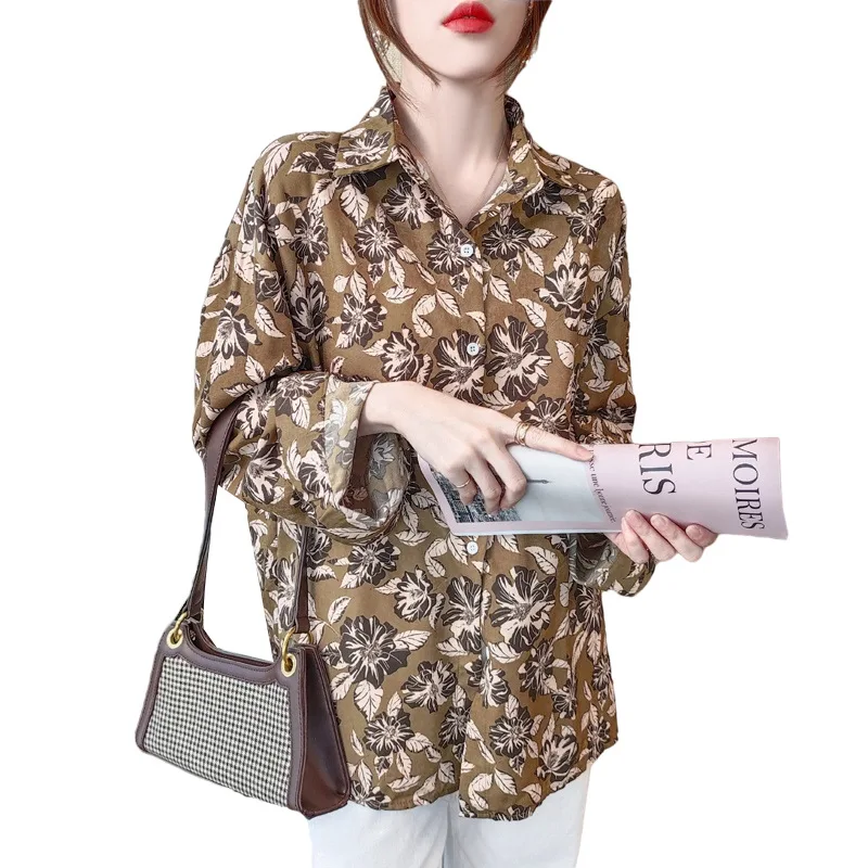 

Floral long sleeve shirt women's spring 2021 new Korean loose and versatile western style retro Chiffon Long Sleeve Top
