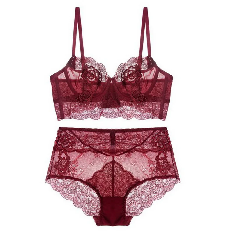 Ladies Sexy Embroidery Ultra Thin Transparent Bra and Panties Set Floral Lace Underwear Women Comfortable Multicolor Brassieres