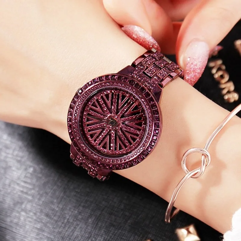 Новинка 2019 женские часы из нержавеющей стали Сияющие с вращающимся платьем