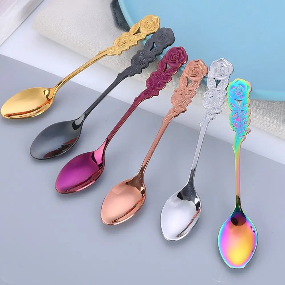 

1Pcs Tea Coffee Mixing Spoon Gold Spoon Long Handle Dessert Stainless Steel Vintage Teaspoons Drink Tableware Flowers Design