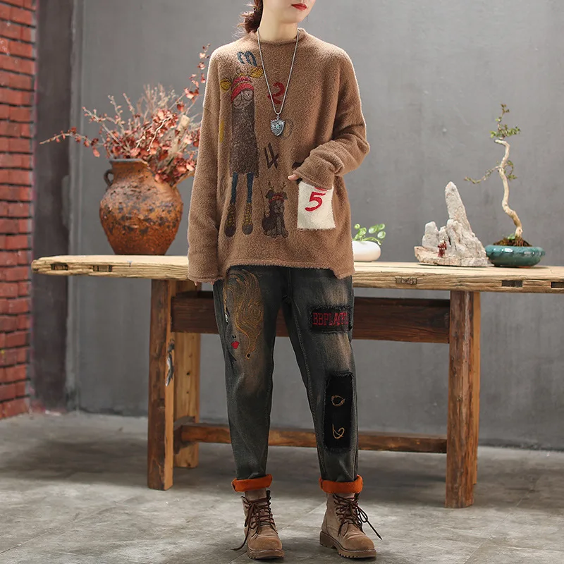 Women Sweater Autumn Retro Loose Knitting Casual Pullovers 2019 New Ladies Tops O-Neck Print Character All-match | Женская одежда