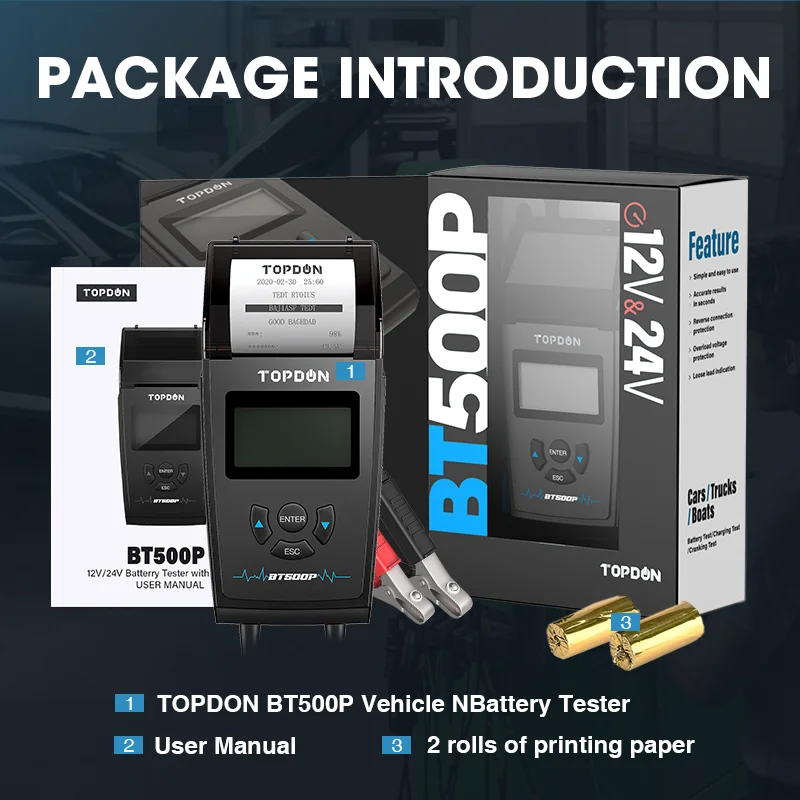 TOPDON BT500P 12V 24V автомобиль Батарея Тесты er с аккумулятор для принтера нагрузки