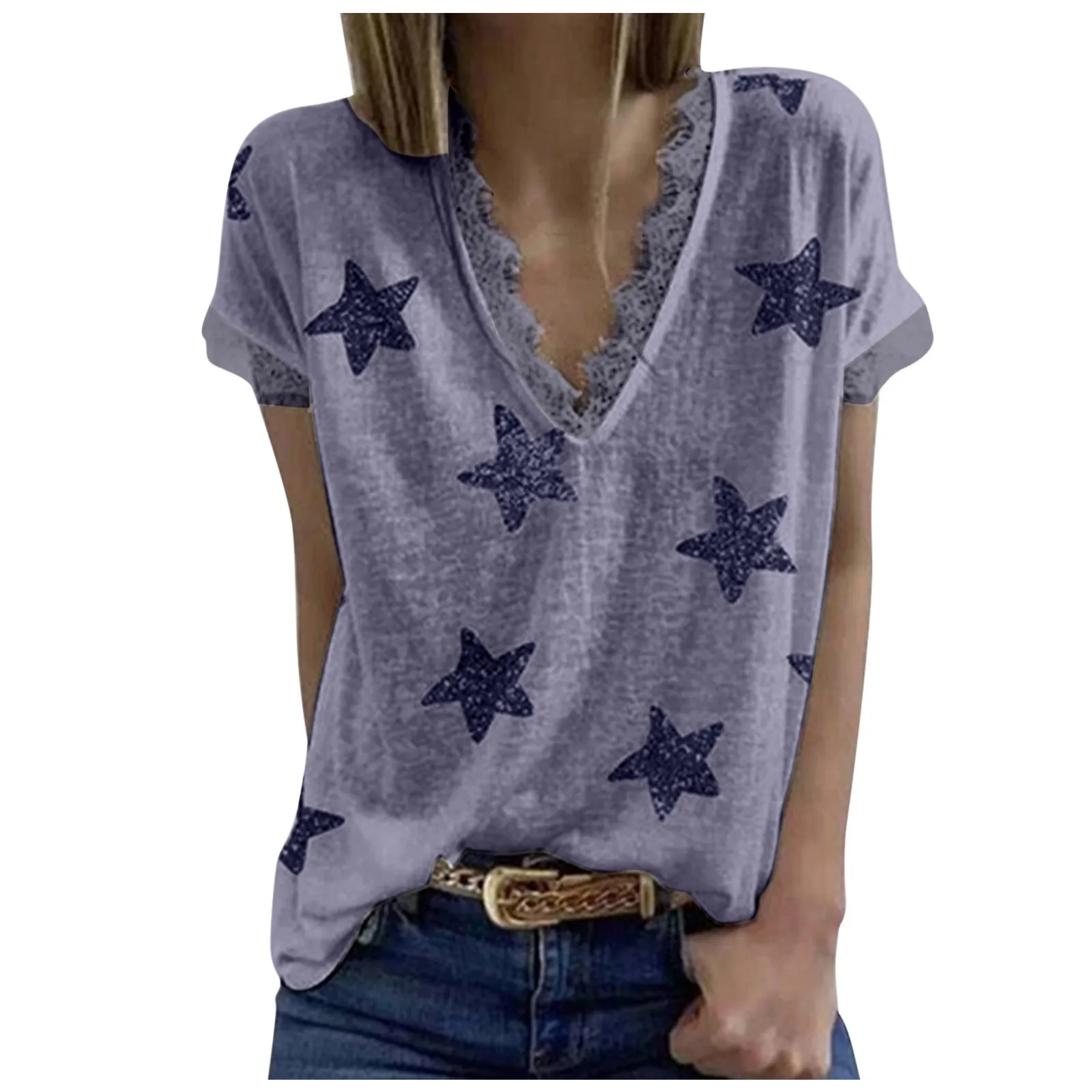 

Women T-shirts Summer V-neck Star Print Short Sleeve Lace Patchwork T-shirts