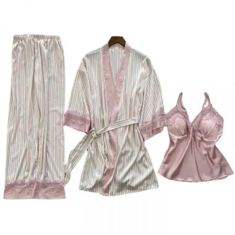

Sexy 3PCS Women Pajamas Set Faux Silk Kimono Bathrobe Gown Nightwear Casual Sleepwear Pijamas Satin Homewear Intimate Lingerie