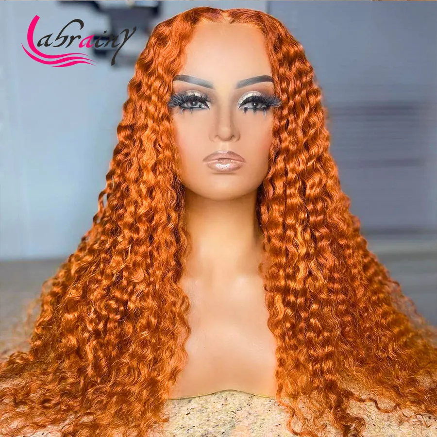 13X5 Orange Kinkly Curl Human Hair Wigs 40 Inch Ginger Deep Weave Hd Lace Frontal Woman Full Colored Bleached Pre Plucked 13x6 | Шиньоны и