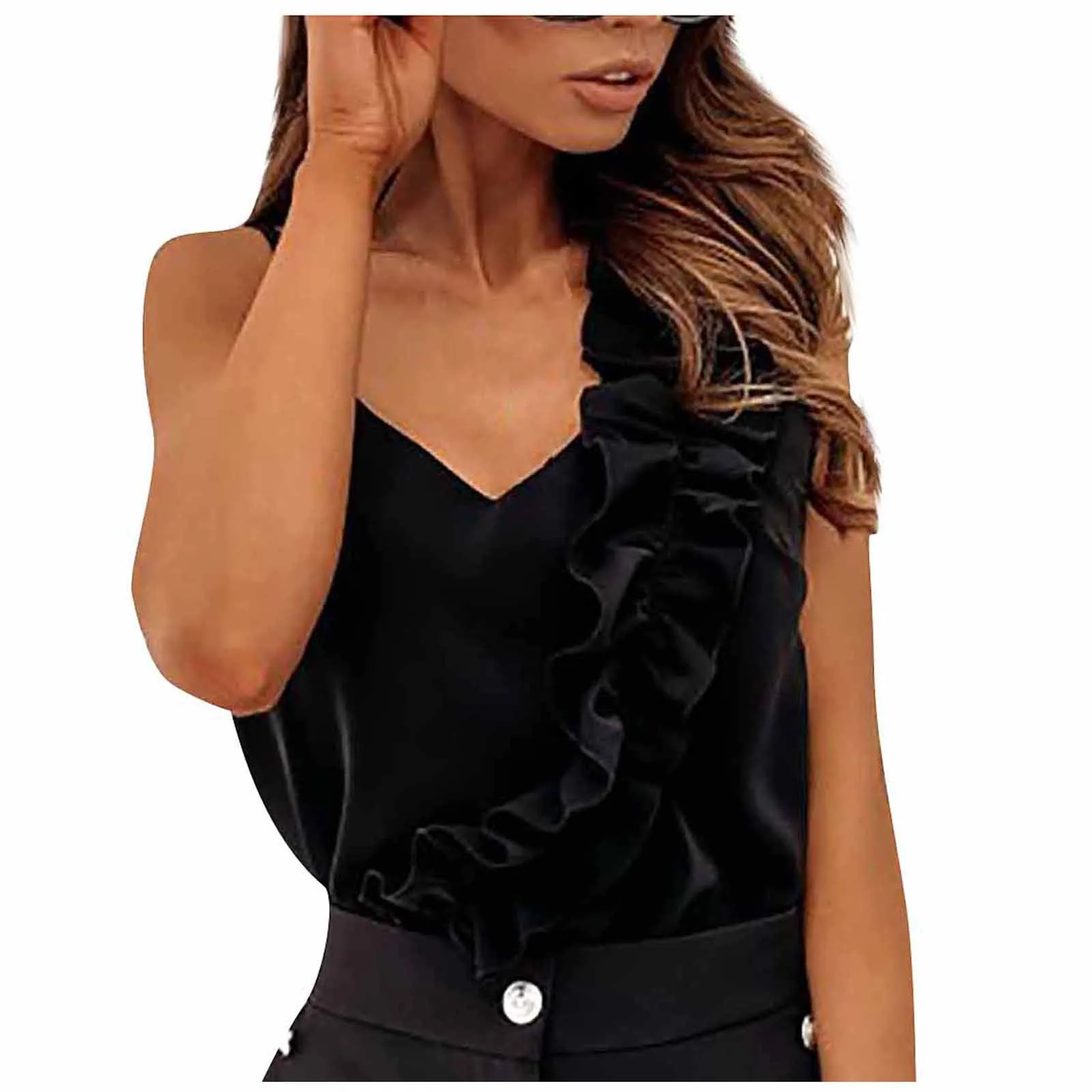 

Sexy Ruffle Top For Women Party Evening Sleeveless Top Tunics Black Blusas