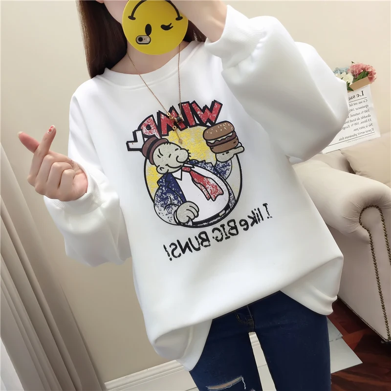 

Hoodies Women Cartoon Printed O-Neck Pullover Winter Thickening Loose 2XL Korean Chic Simple Females Fashion Harajuku Kpop Daily