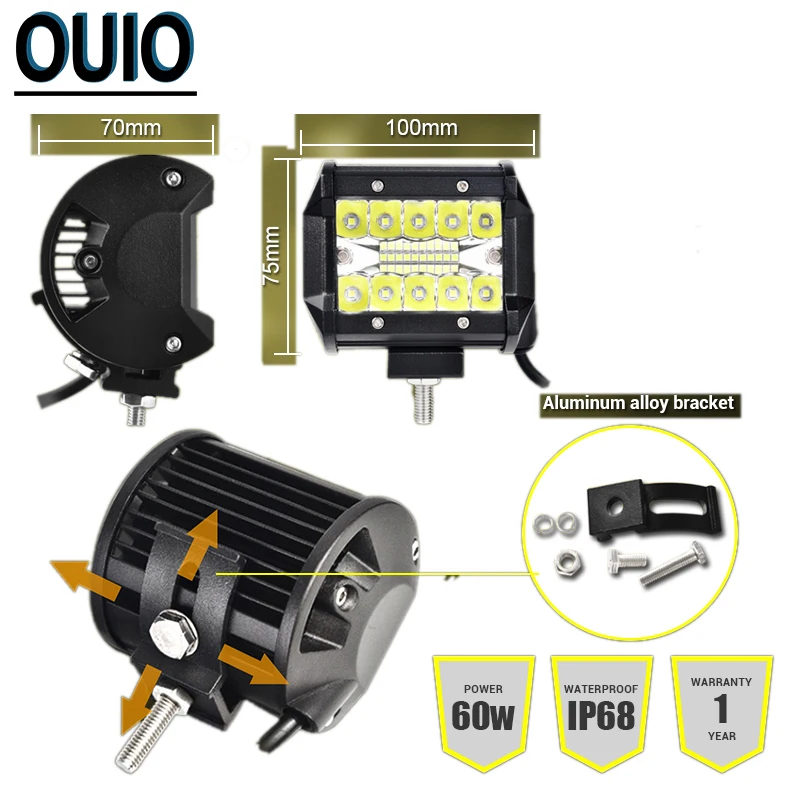 60 Вт 4 дюйма Водонепроницаемый IP68 рабочий светильник светодиодный баров пятно