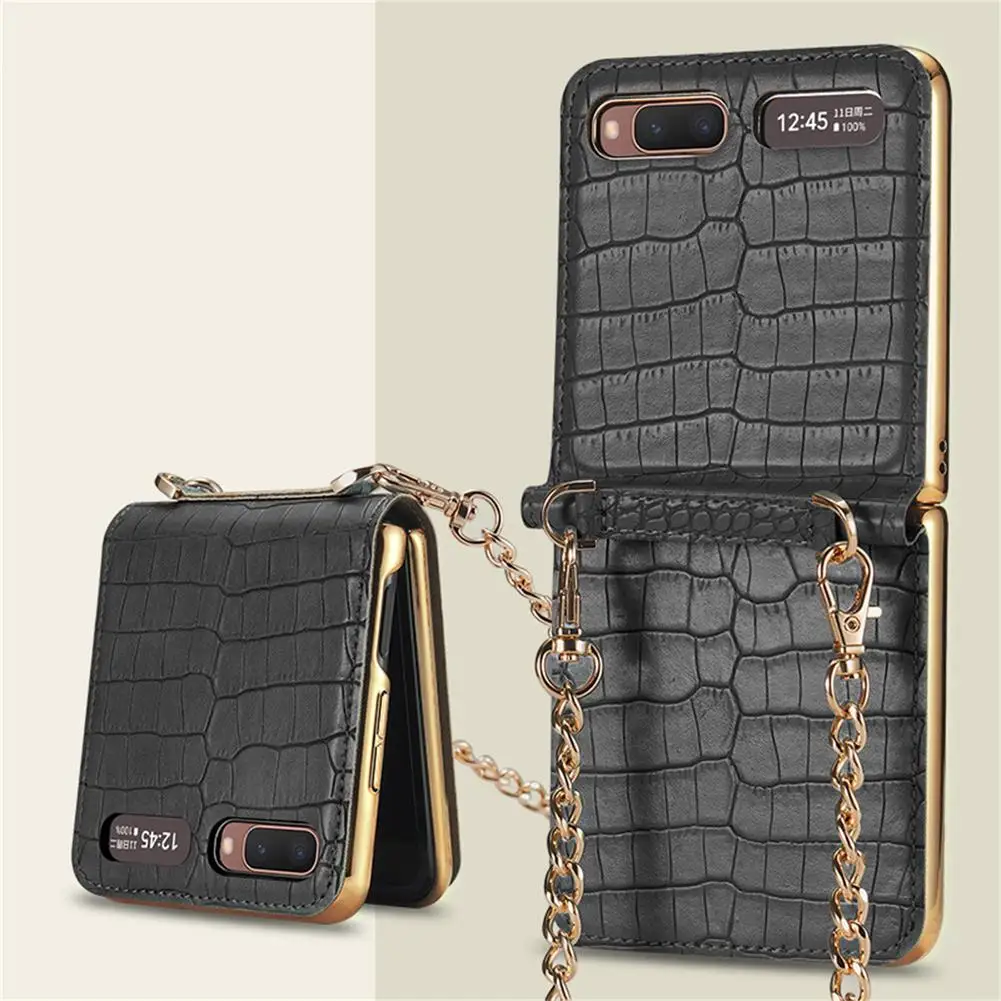 

Creative Diagonal Chain Protective Case For Samsung Galaxy Z Flip Folding Mobile Phone Ultra-thin Leather Cover With Metal Chain
