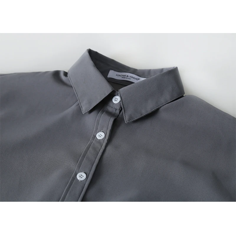 

New Arrival Women Solid Smooth Satin White Blouse Batwing Sleeve Curved Hem Shirt Button Up Turn-Down Collar Casual Top T98713F