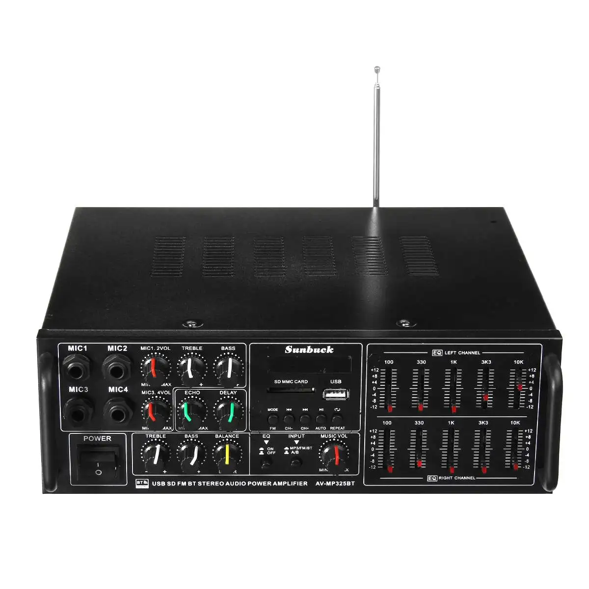 sunbuck bluetooth Amplifier 2000W Audio Power HiFi Amplifier for Car Home 2 Channel 12V/220V AV Amp Speaker FM Radio SD MP3