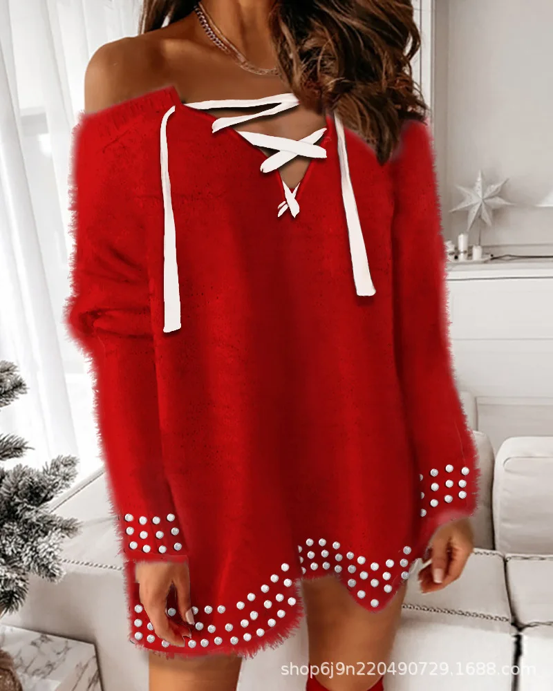 

mini dress women's 2021 autumn long sleeve red dress bandage corn velvet nail bead dress