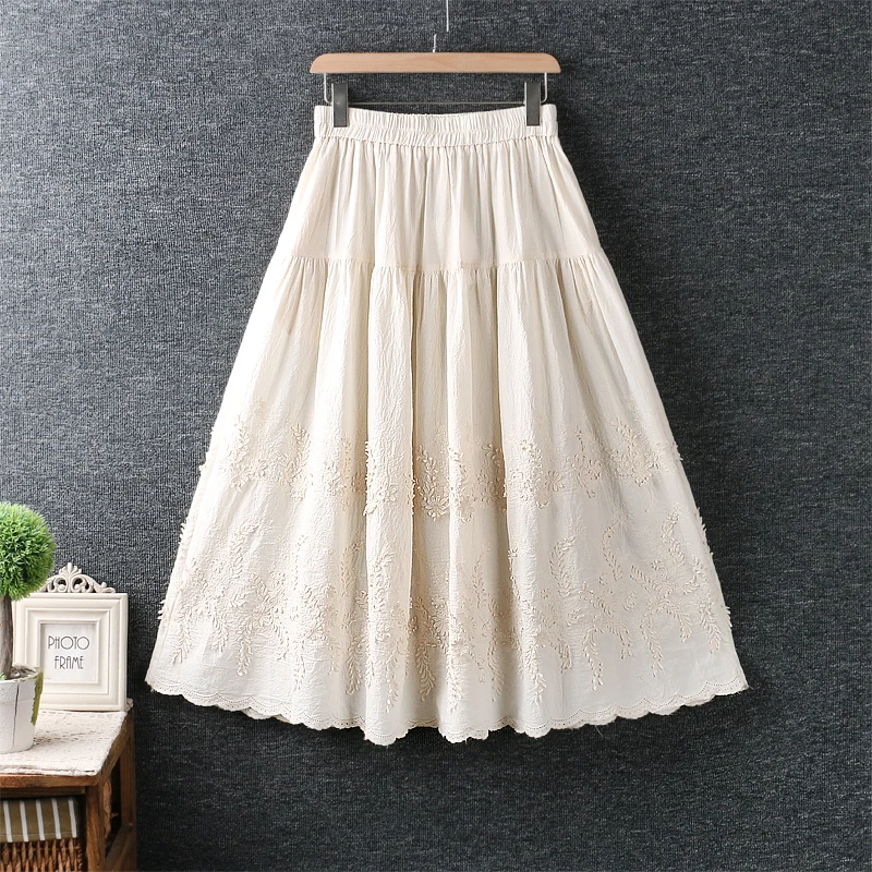

New Spring Solid embroidery cotton skirt elastic waist casual women skirt