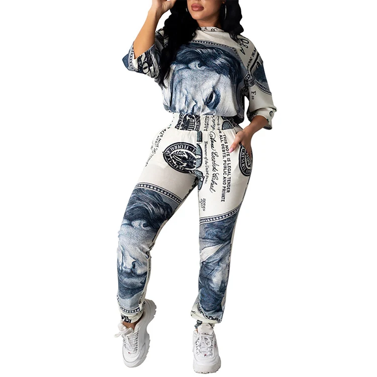 

Wholesale Stylish Money Dolloar Printed Blouse Crop Top Wide Leg Pants Fall Fashion Women Two Piece Set