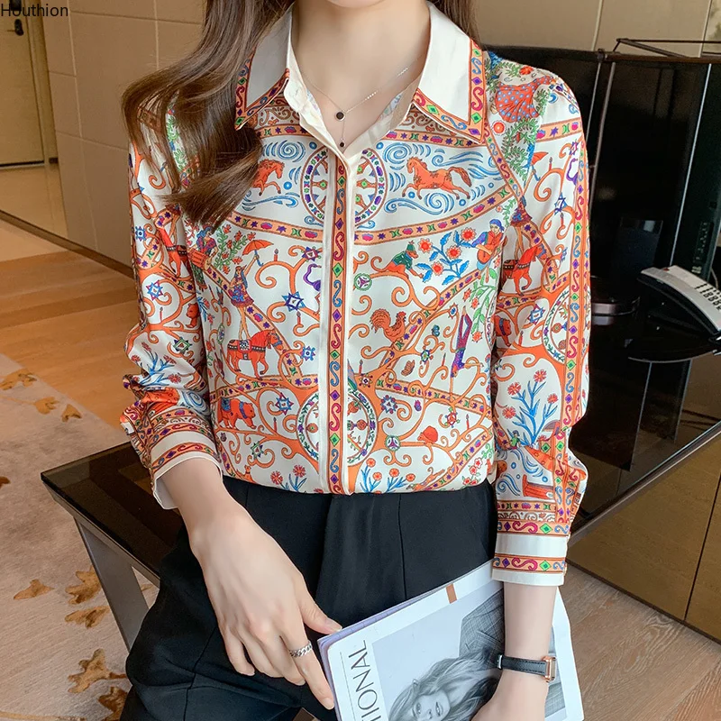 

Summer New Women's Blouses Polo Shirt Long Sleeve Top Printed Blouse Splicing Girl Satin Casual Fashion Lady Loose