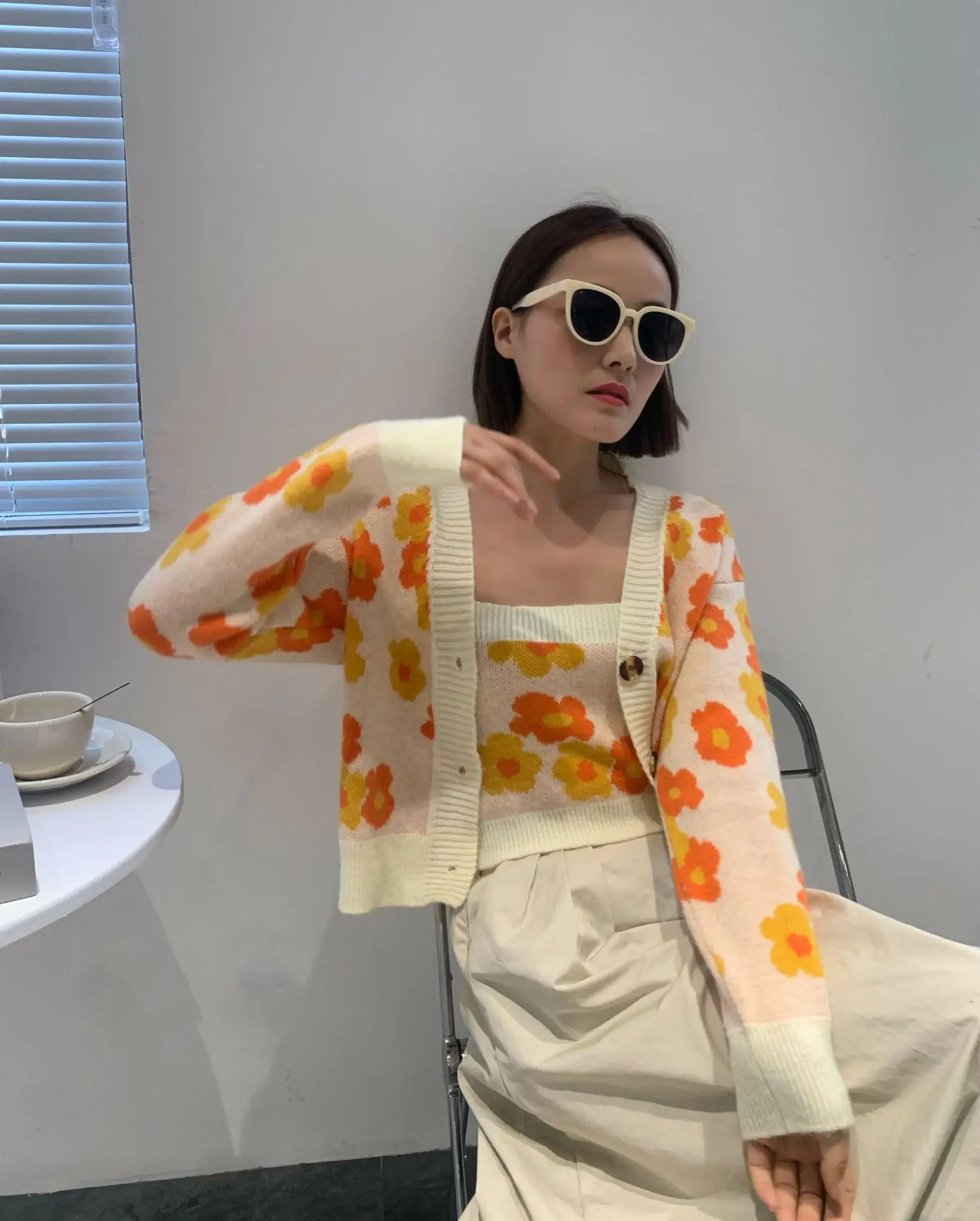 

Sweet Floral 2 Piece Cardigan Sweater Women Autumn And Winter Knitted Loose Sweaters Long Sleeve Print Fashion Clothing H244