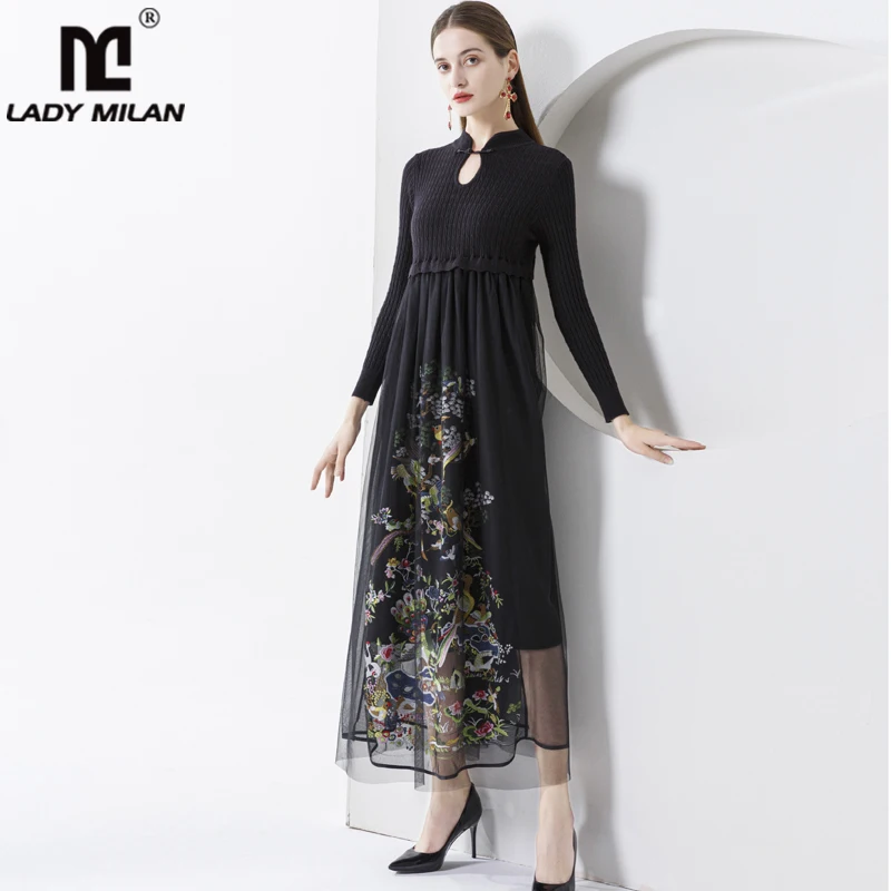 

Women's Runway Dresses Stand Collar Long Sleeves Knitted Bodice Sexy Keyhole Embroidery Ruffles Elegant Dresses