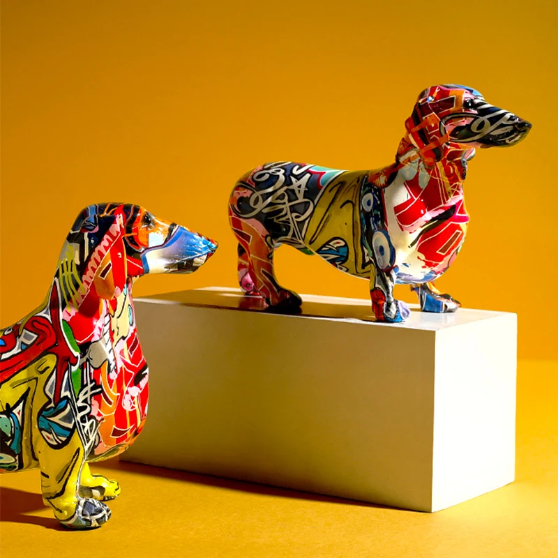 

Creative Painted Colorful Dachshund Dog Decoration Home Modern Wine Cabinet Office Decor Desktop Resin Crafts Miniatures Statue