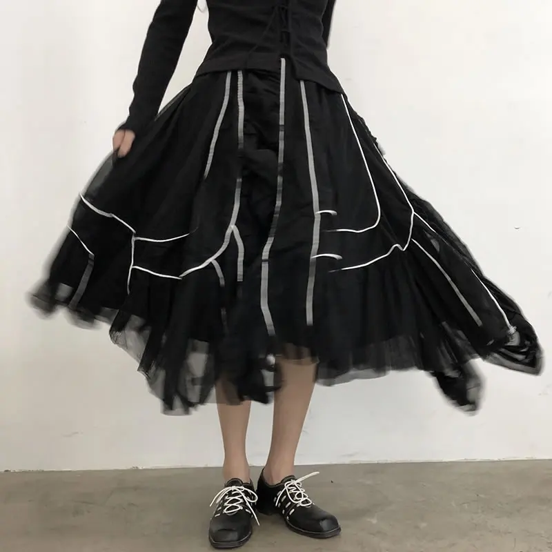 

XITAO New Mesh Patchwork Skirt Fashion Trendy Irregular Contrast Color Women Casual Loose Spring and Autumn All-match ZY4994