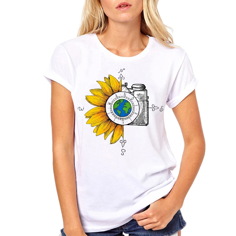 Женская одежда с изображением подсолнуха и камеры милая летняя модная женская