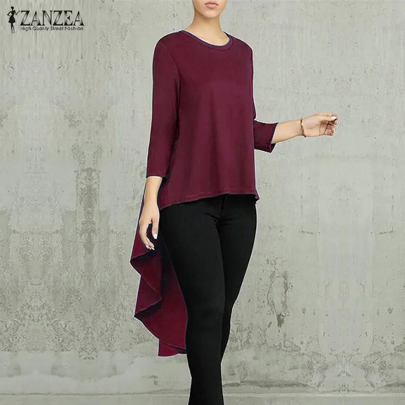 

Female Office Shirts Women Casual Asymmetrical Hem Tops ZANZEA Elegant Long Sleeve High Low Blouse 2022 Vintagae Holiday Chemise