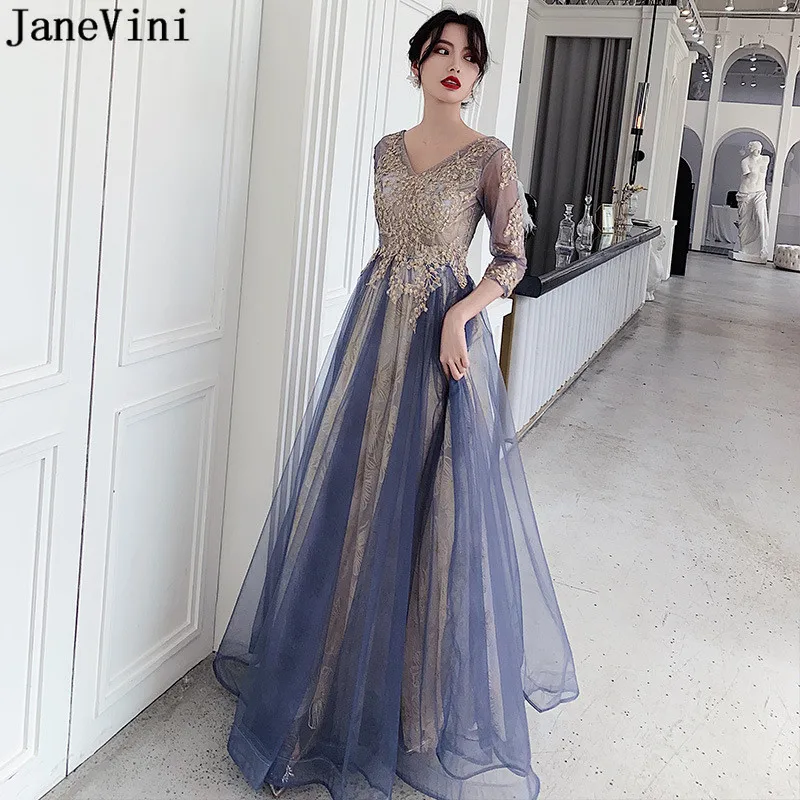 JaneVini Сказочный синие вечерние платья для женщин Длинные Аппликации V образным