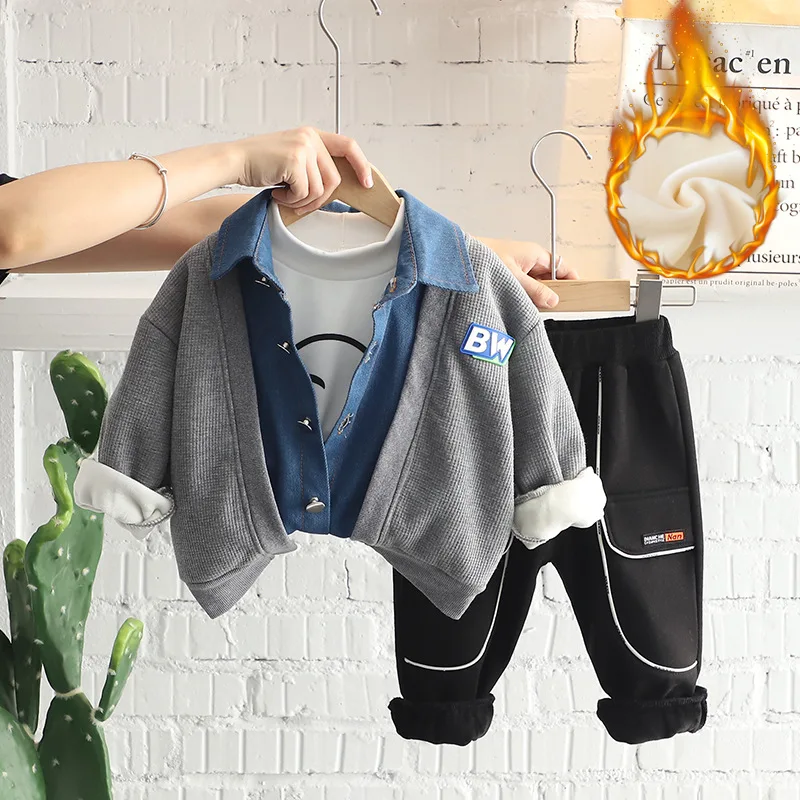 Traje informal de terciopelo para ni&ntilde;os peque&ntilde;os y medianos, ropa de 3 piezas, Oto&ntilde;o e Invierno-0