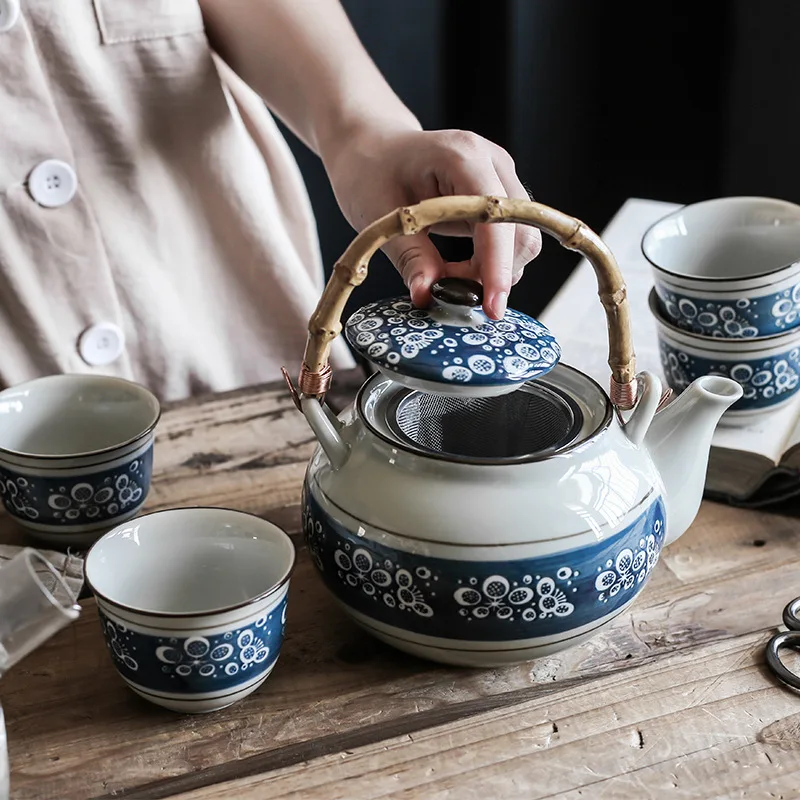 

Dark blue tea set Japanese high temperature glaze color one pot four cup gift box set teapot cup home