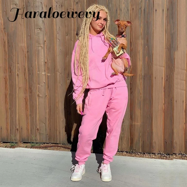 2019 толстовка с капюшоном розовый спортивный костюм женские одноцветные