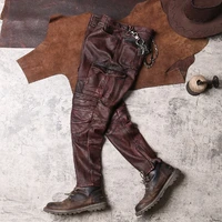 2021 vintage brown men bikers leather trousers large size xxxxl genuine natural cowhide autumn slim fit motorcycle pants