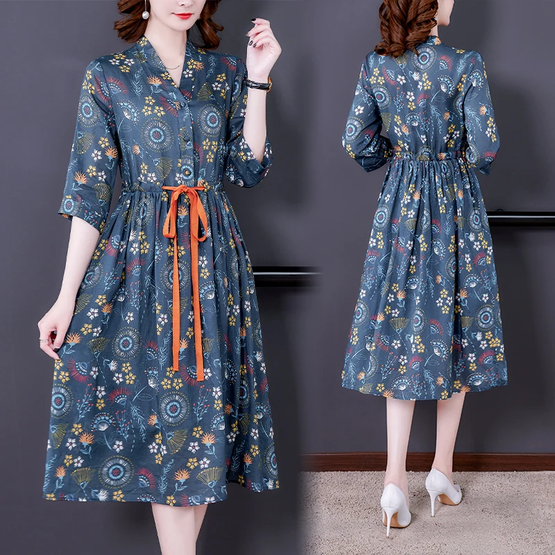 

Women Dress Spring Summer 2021 New Vintage Three Quarter Sleeve Print Cotton Linen Single Breasted High Waist V-Neck Dresses