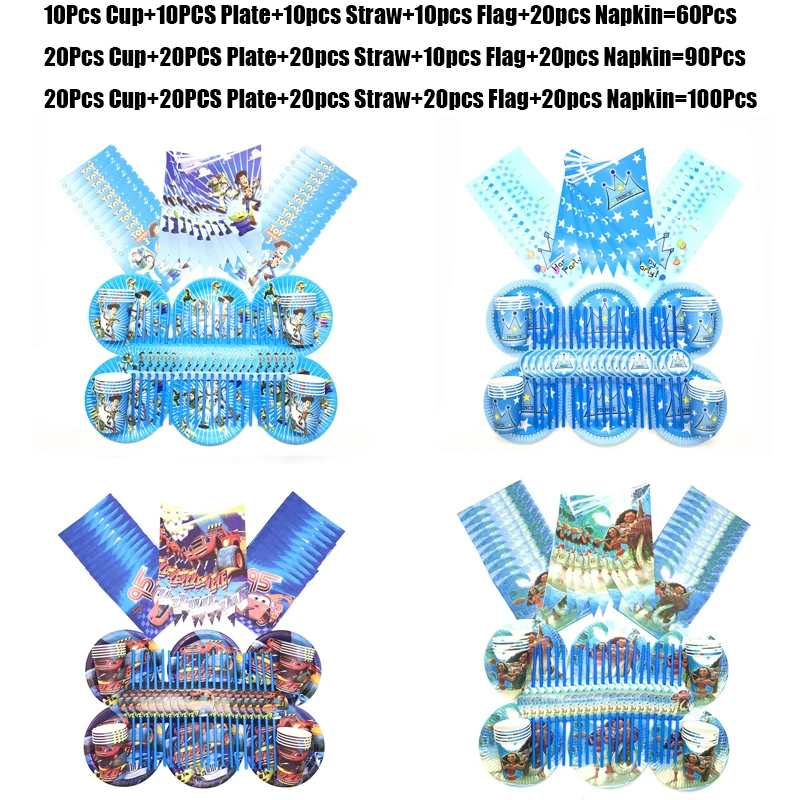 

100Pcs/lot Toy Story Unicorn Party Supplies Disposable Moana Cups Plates Napkins Straws Flag Happy Birthday Decorations For Kids
