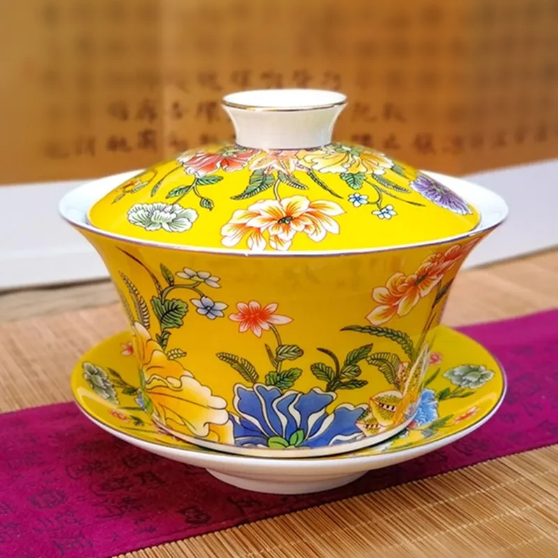 Yellow 300 мл цветной Sancai Gaiwan яичная скорлупа из костяного фарфора чайная чашка и блюдце набор керамических чайных чашек с восьми сокровищами - Цвет: Yellow