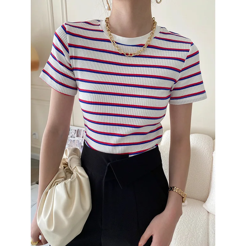 

Женская облегающая футболка составного кроя в полоску, простая вязаная женская футболка в Корейском стиле с круглым вырезом, новые модные т...