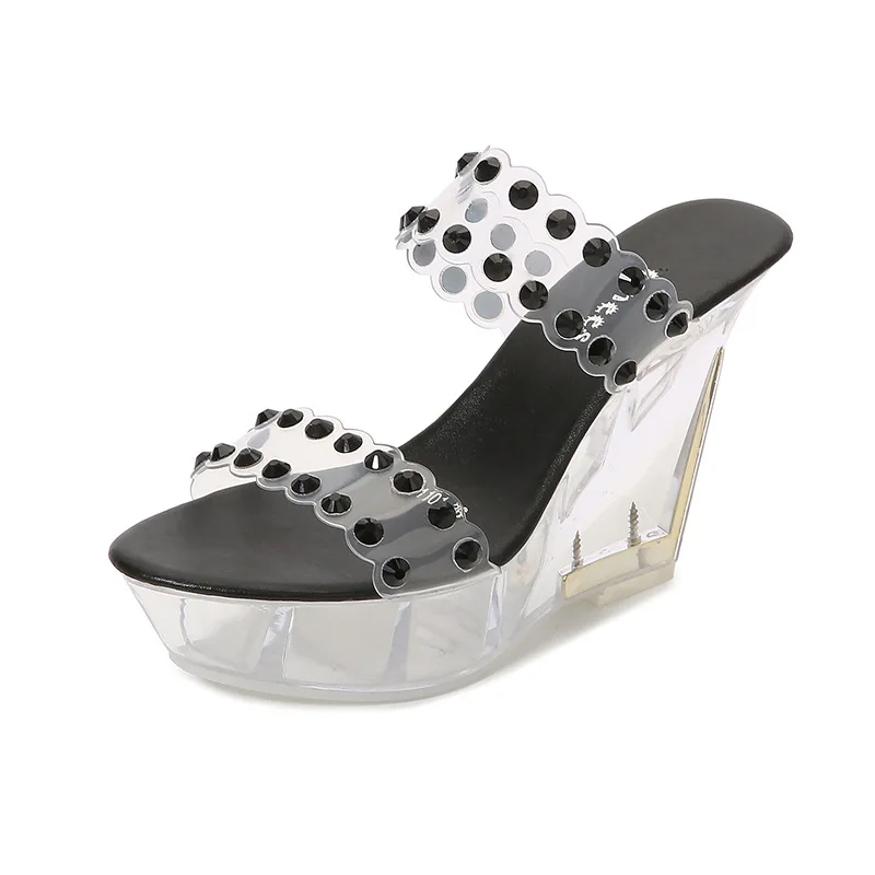 

On A Wedge Slippers Soft High-Heeled Shoes Lady Platform Med Glitter Slides Fashion Comfort Jelly Luxury Round Toe PU Square hee