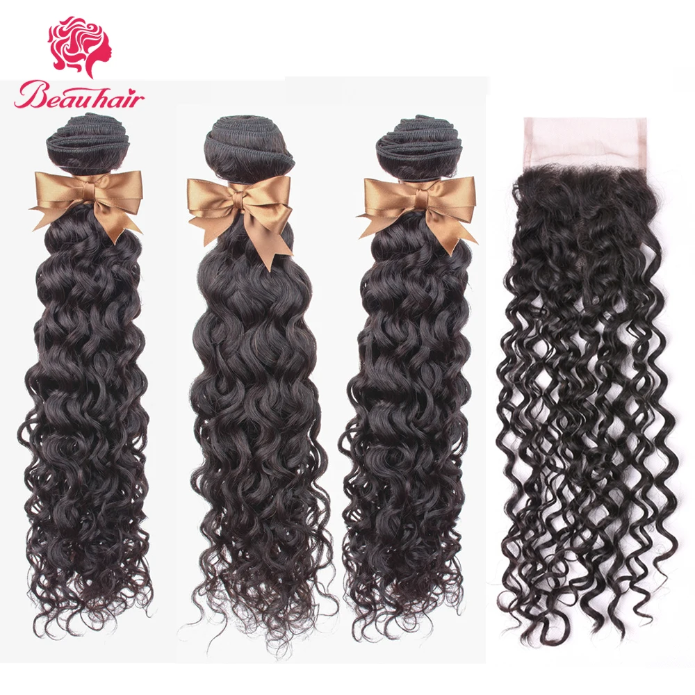 BeauHair малазийские волны воды 3 пучка с 4*4 синтетическое закрытие шнурка человеческие волосы переплетения не Реми волосы для наращивания могут быть окрашены