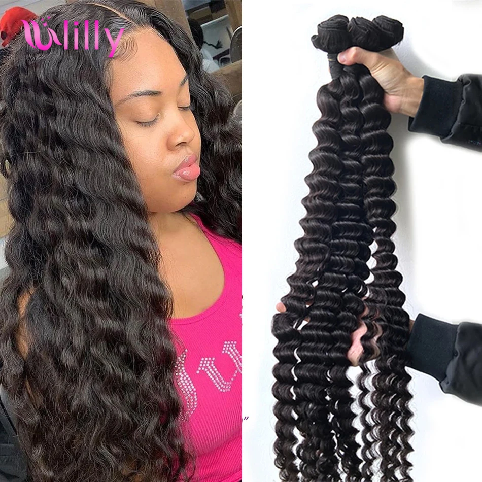 26 28 30 Inches Long Deep Wave Brazilian Human Hair Bundles Deals Dyed And Permed 1/3/4 Pcs Remy Hair Soft Silky Bundles Weaves