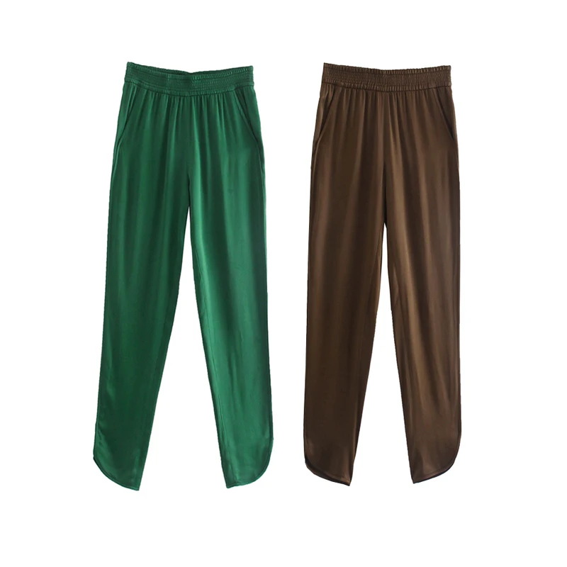 

New 2021 Za Brown satin trousers with vents Women Fashion high-waist elastic Pleated Casual Pants Ladies Vintage Sports Trousers