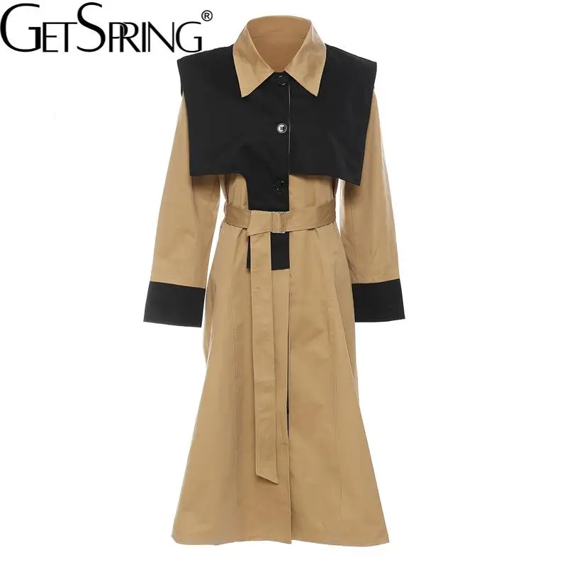 

GetSpring Women Trench Coat Irregular Patchwork Fake Two Ladies Windbreaker Lace Up Loose Long Female Overcoat Autumn Tops 2021