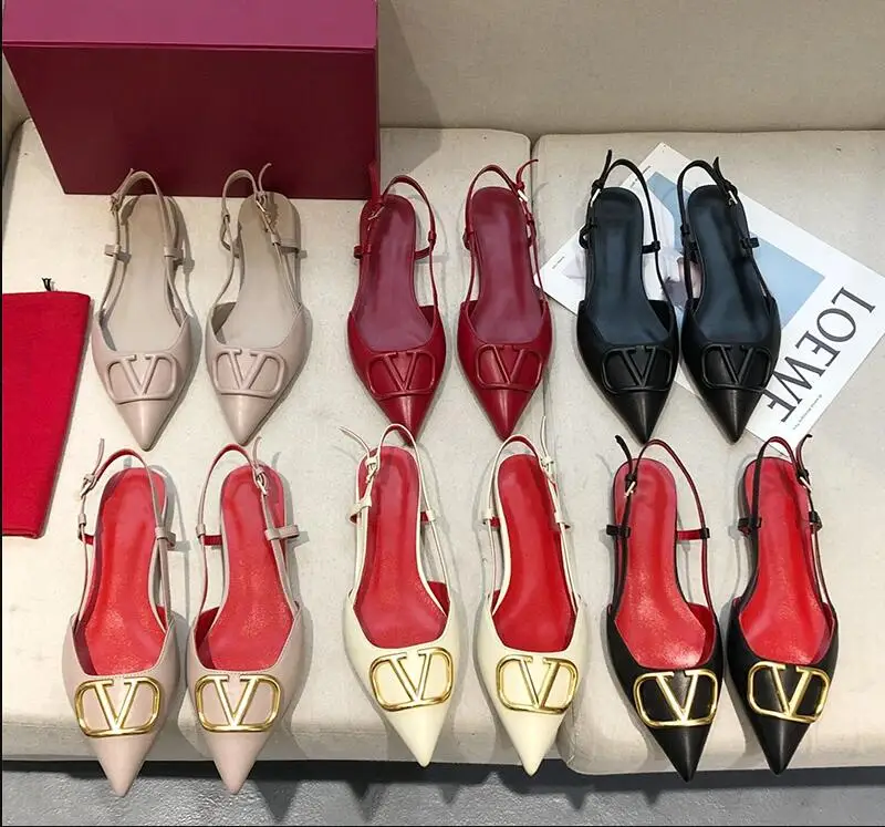 

Pointed Toe V Home 6.5cm 8.5cm Sandals Real Leather Metal Buckle High-heeled Middle-heeled Shoes Sandals Women's Shoes 35-40