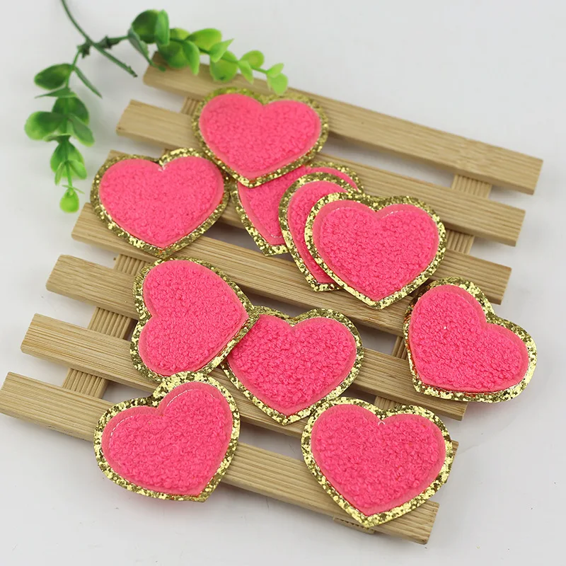 

5cm Colorful Love heart Towel Embroidered Cloth Stickers Double layer Gold Glitter Embroidery Chenille iron on Bag DIY Patches