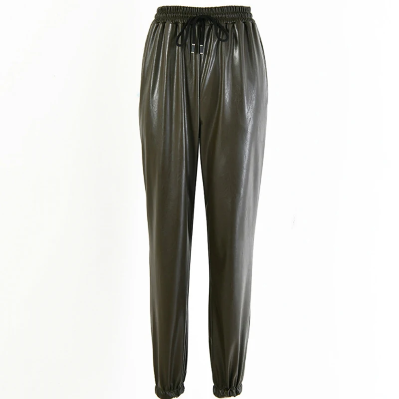 

Women PU Leather Pants Fashion Street Lady Elastic Waist Pencil Pants Autumn Drawstring Sweatpants Pockets Cool Trousers
