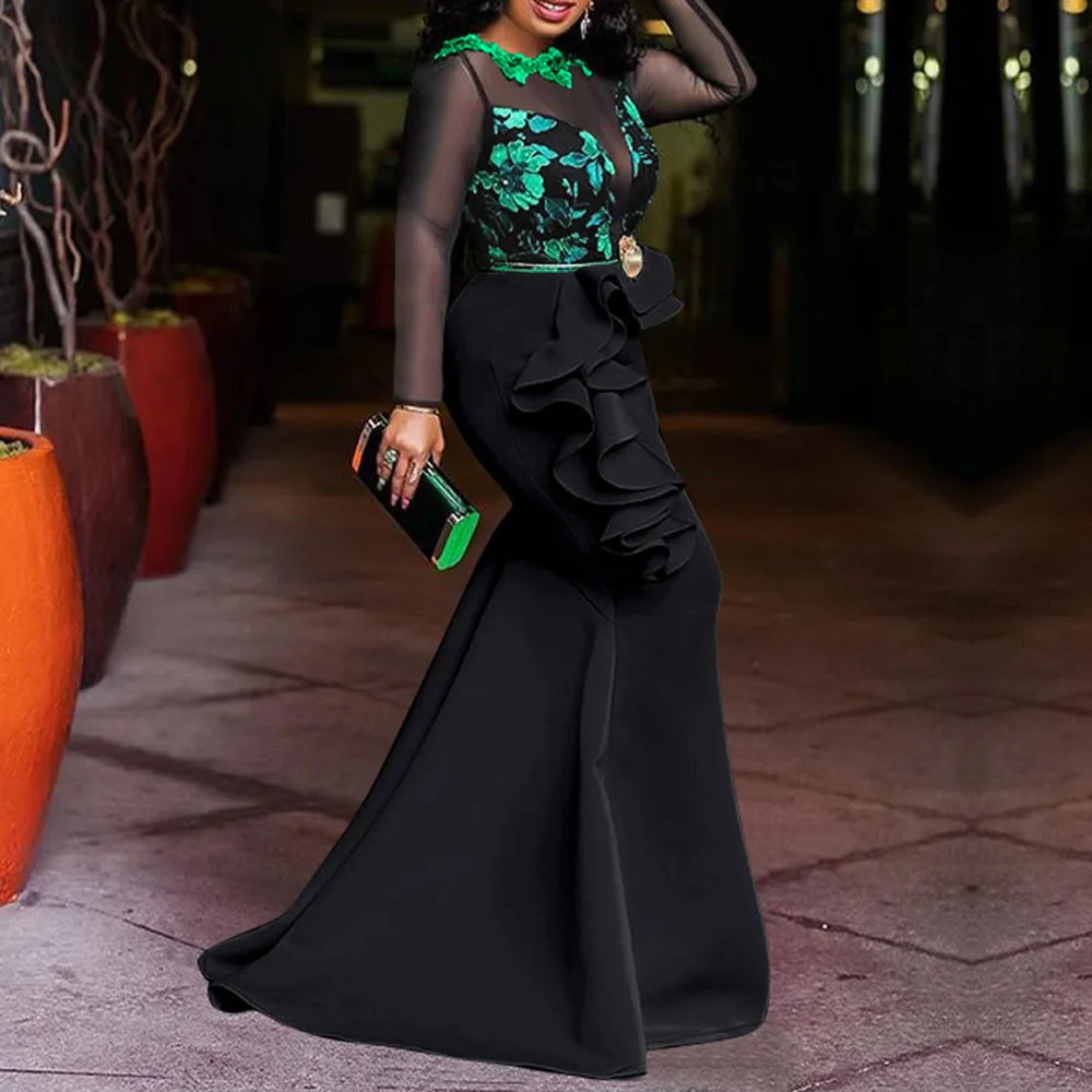 

Western Style Oversize Women's Dress Spring Autumn 2021 Lace Net Yarn Perspective Splicing Ruffle High Waist Round Neck Mermaid